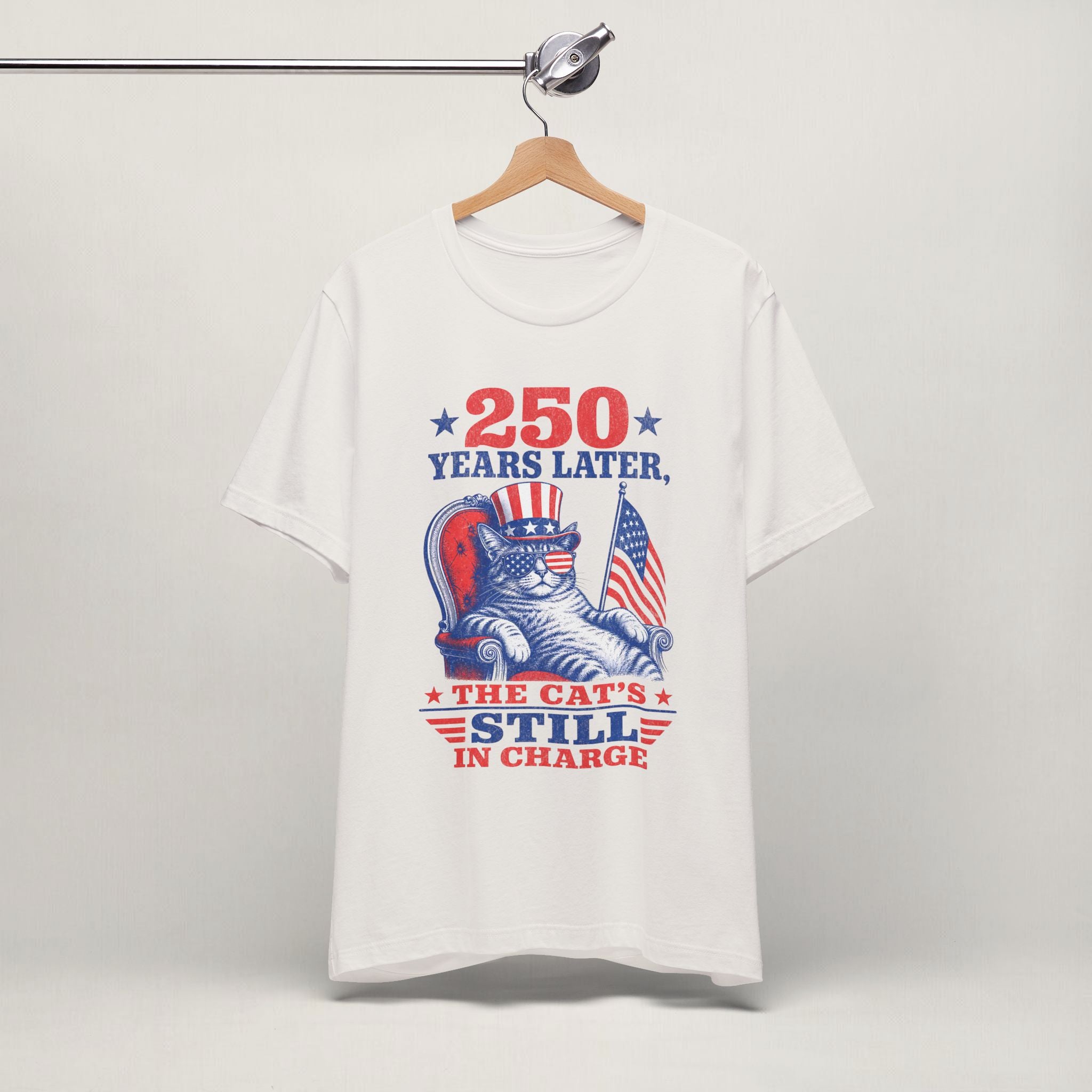 Close-up of 250 Years Later print on vintage white unisex t-shirt