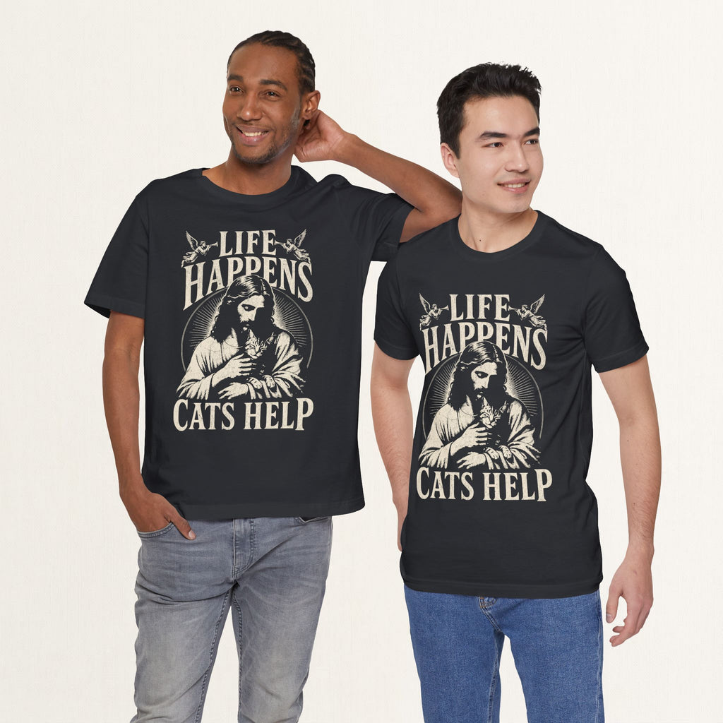 Two men wearing vintage black Life Happens Cats Help printed cat t-shirts
