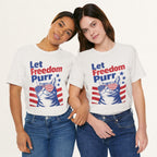 Styled flat lay of vintage white Let Freedom Purr cat graphic tee