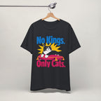 Close-up of No Kings Only Cats print on vintage white unisex t-shirt
