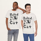 Model wearing vintage white Ruled By A Cat graphic cat t-shirt