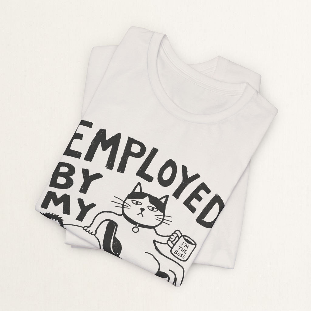 Back view of vintage white Employed graphic cat t-shirt on model