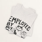 Back view of vintage white Employed graphic cat t-shirt on model