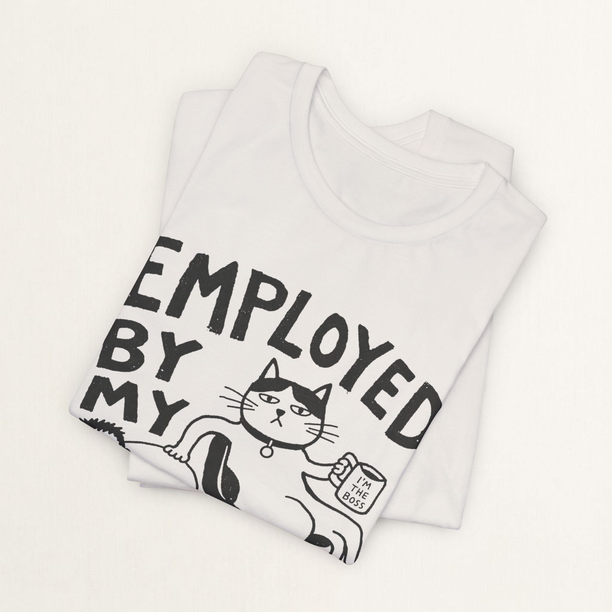 Back view of vintage white Employed graphic cat t-shirt on model
