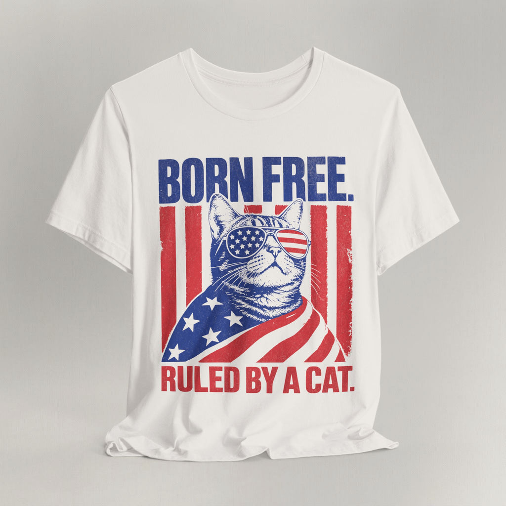 Flat lay of vintage white graphic cat t-shirt with Born Free cat design