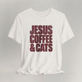 Vintage white cat t-shirt with a Jesus, Coffee & Cats design in bold letters, shown flat