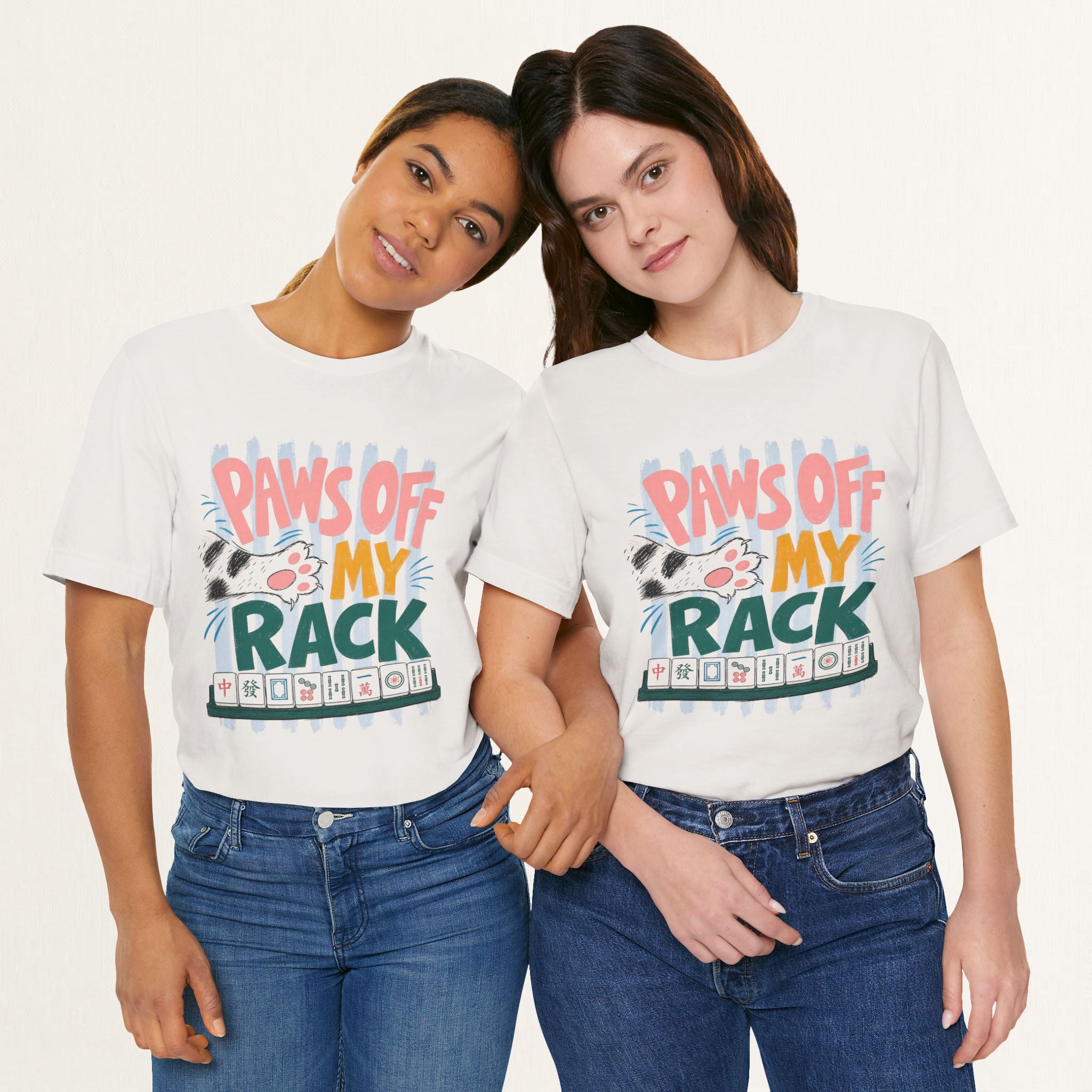 Couple wearing vintage white Paws Off My Rack mahjong cat t-shirts