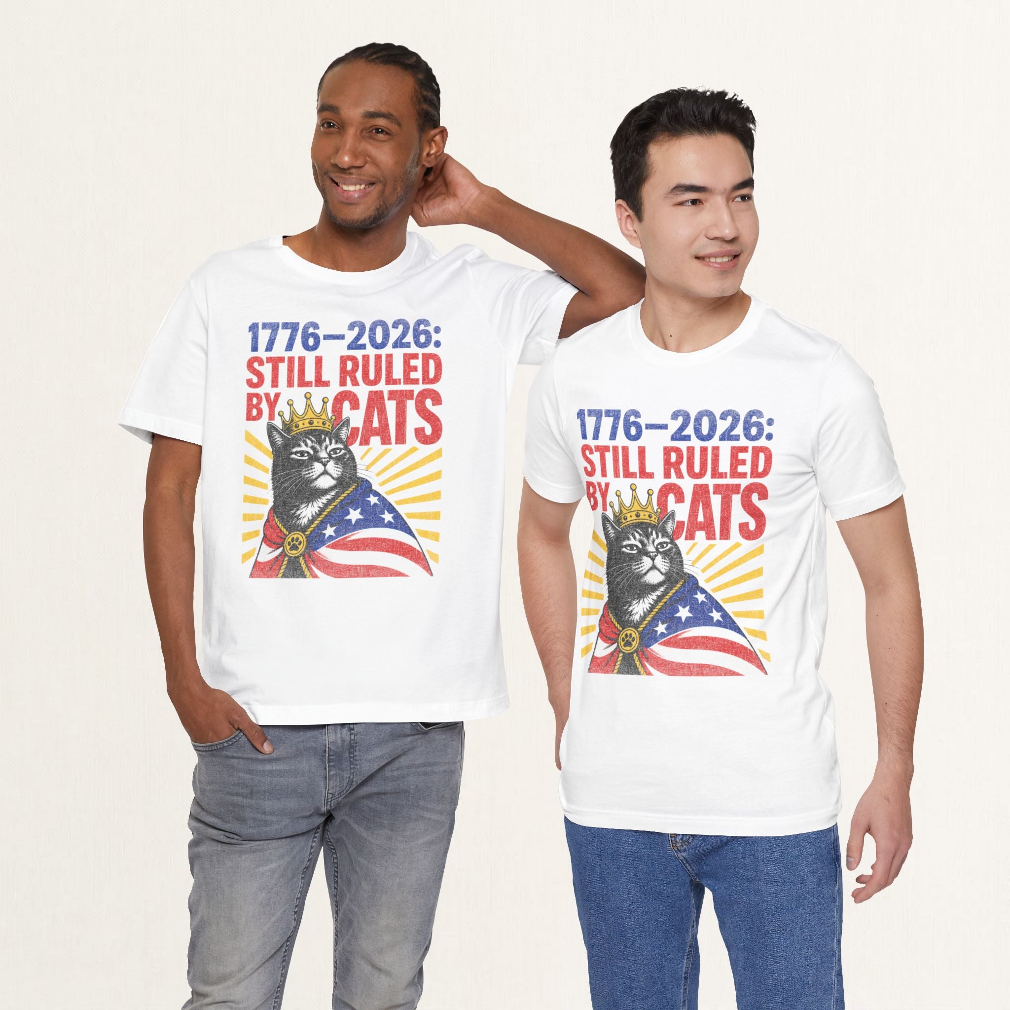 Model wearing white Still Ruled By Cats cat t-shirt