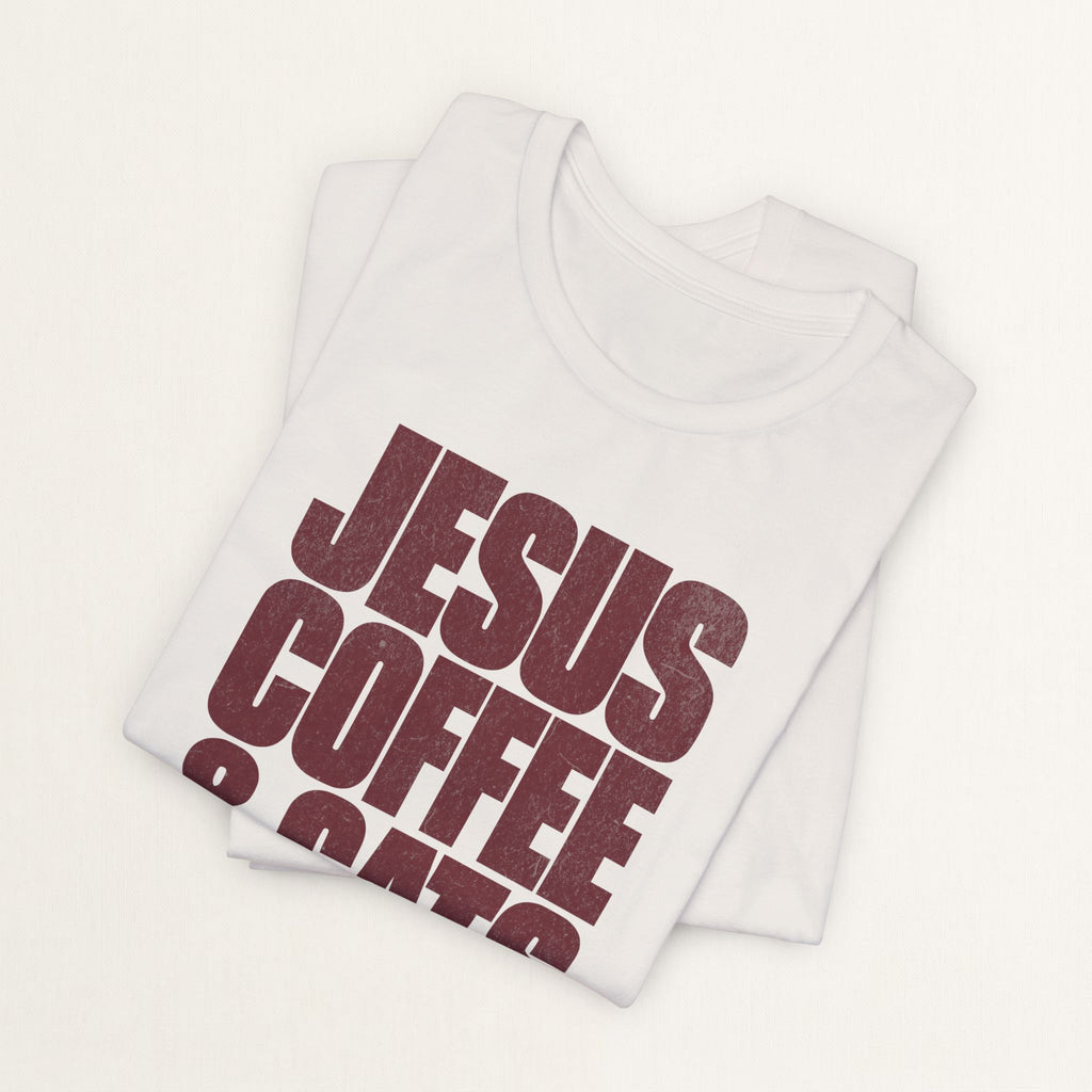 Folded vintage white Jesus, Coffee & Cats cat t-shirt