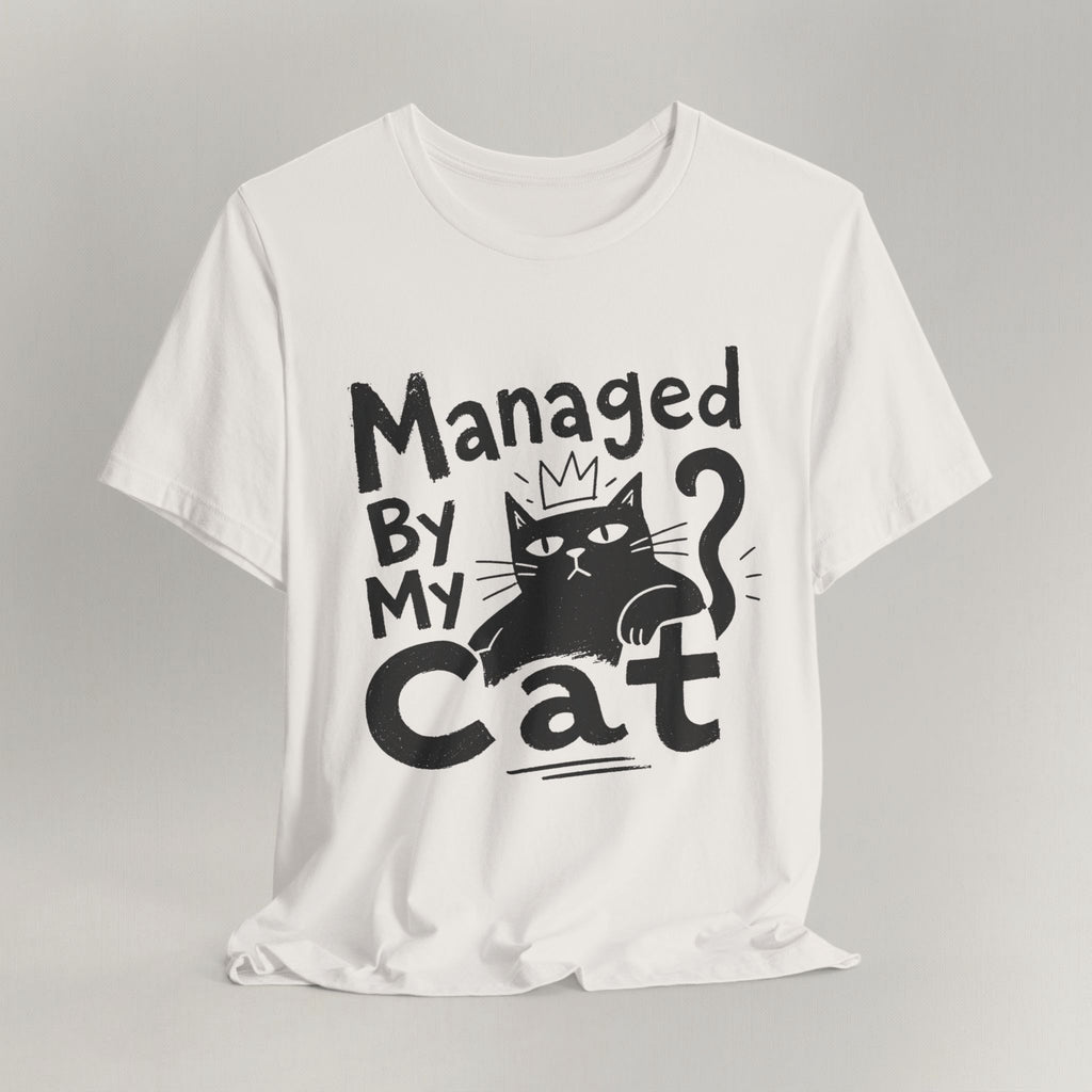 Vintage white Managed By My Cat t-shirt with paw icon shown laid flat front view