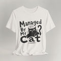Vintage white Managed By My Cat t-shirt with paw icon shown laid flat front view