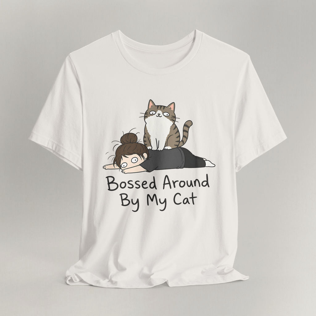 Flat lay of vintage white graphic cat t-shirt with Bossed Around By My Cat print design
