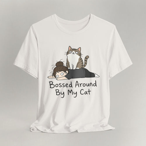 Flat lay of vintage white graphic cat t-shirt with Bossed Around By My Cat print design