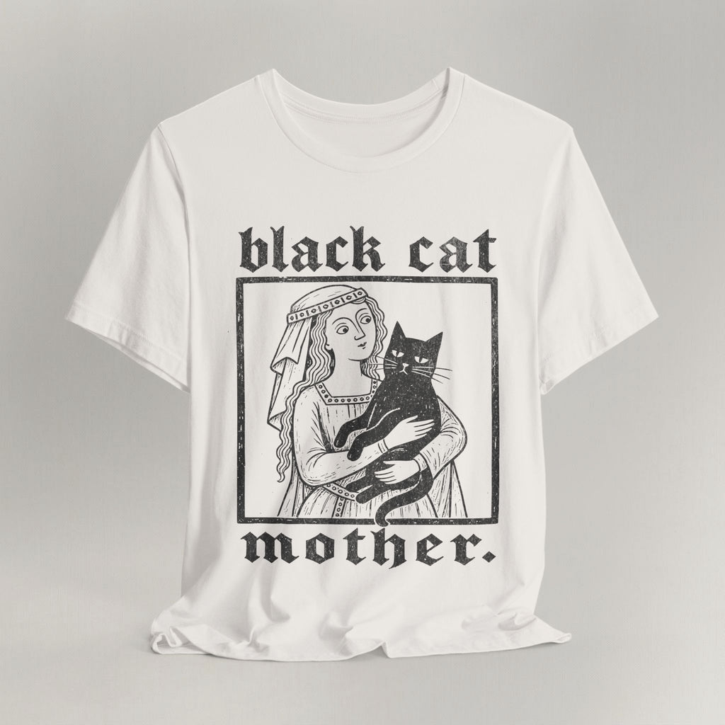 Vintage white cat t-shirt with a Black Cat Mother vintage design of a woman and her black cat, shown flat