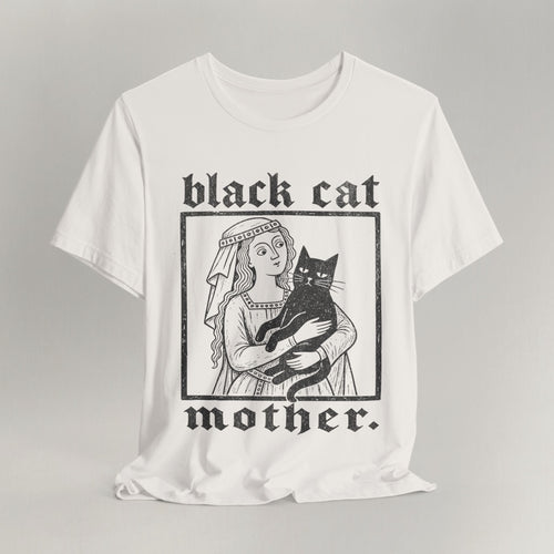 Vintage white cat t-shirt with a Black Cat Mother vintage design of a woman and her black cat, shown flat
