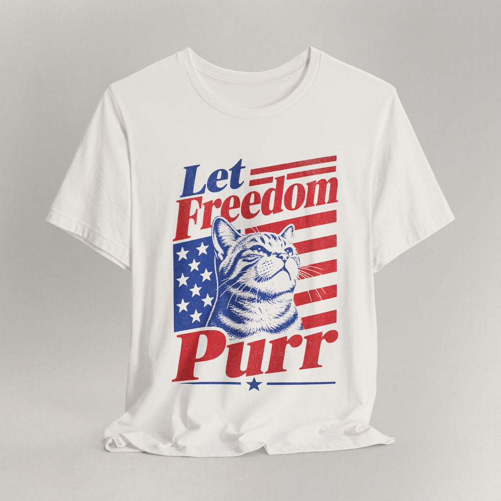 Flat lay of vintage white graphic cat t-shirt with Freedom Purr patriotic cat design