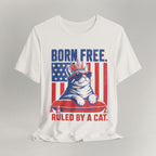 Flat lay of vintage white graphic cat t-shirt with Born Free Ruled By A Cat design