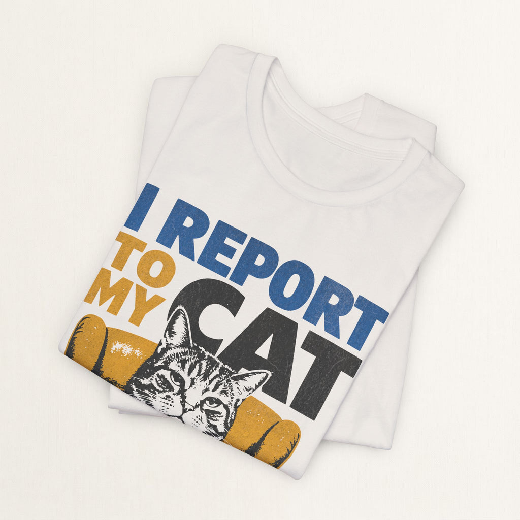 Woman wearing vintage white I Report To My Cat graphic t-shirt, front view