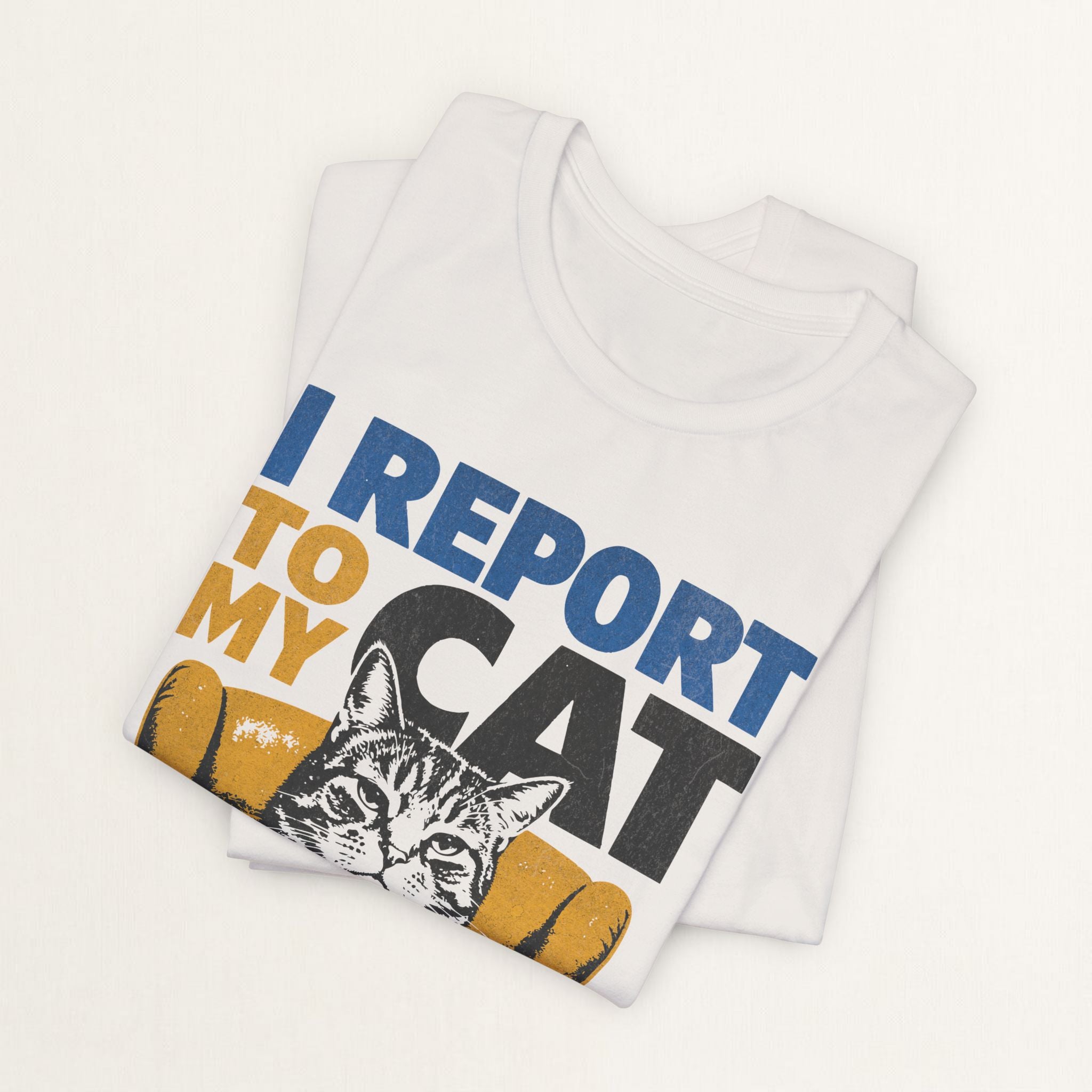 Woman wearing vintage white I Report To My Cat graphic t-shirt, front view