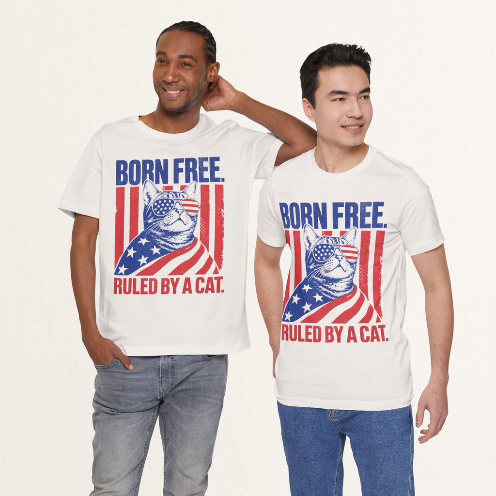 Model wearing vintage white Born Free patriotic cat t-shirt