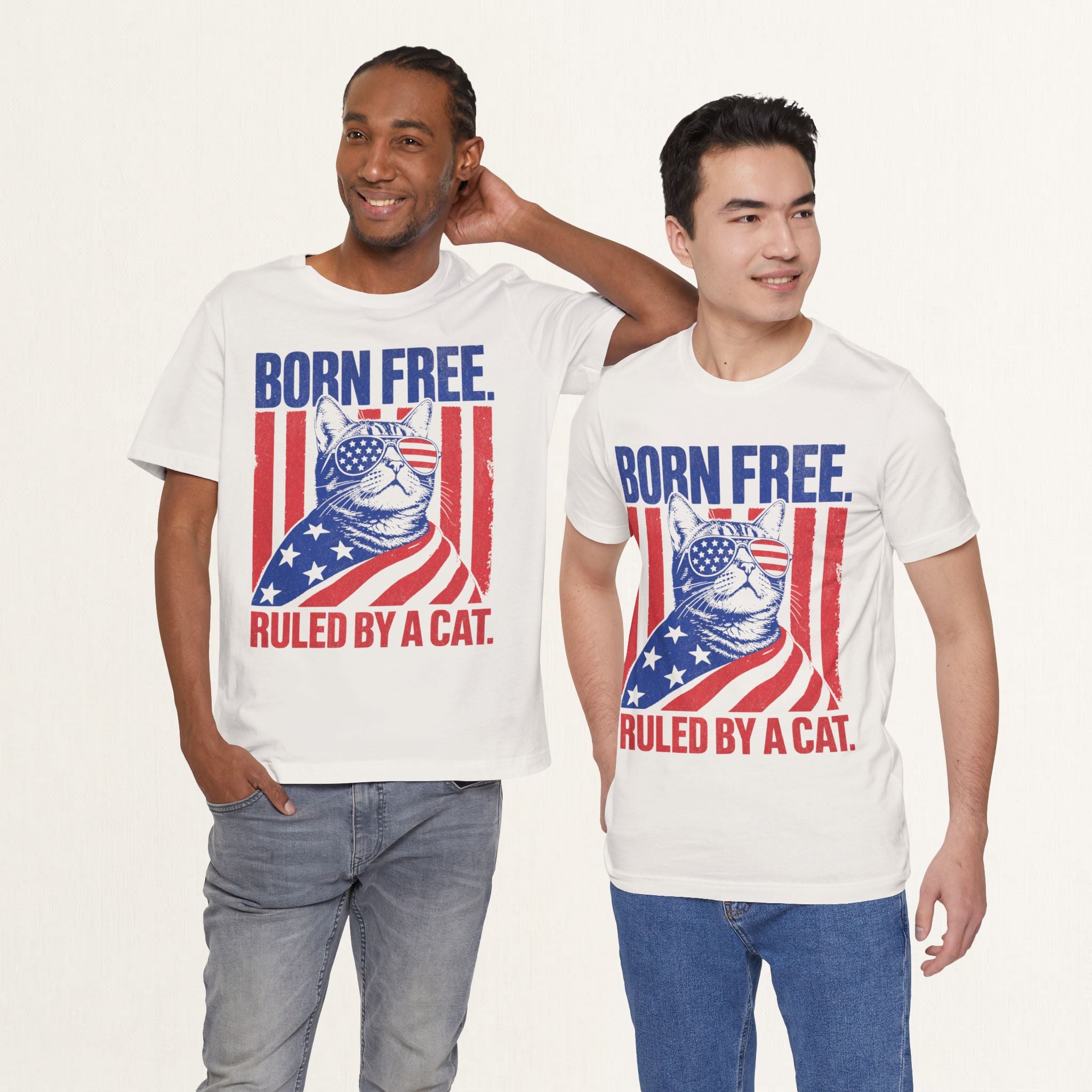 Model wearing vintage white Born Free patriotic cat t-shirt