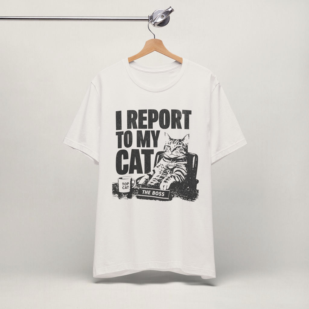 Side view of model wearing vintage white I Report To My Cat t-shirt