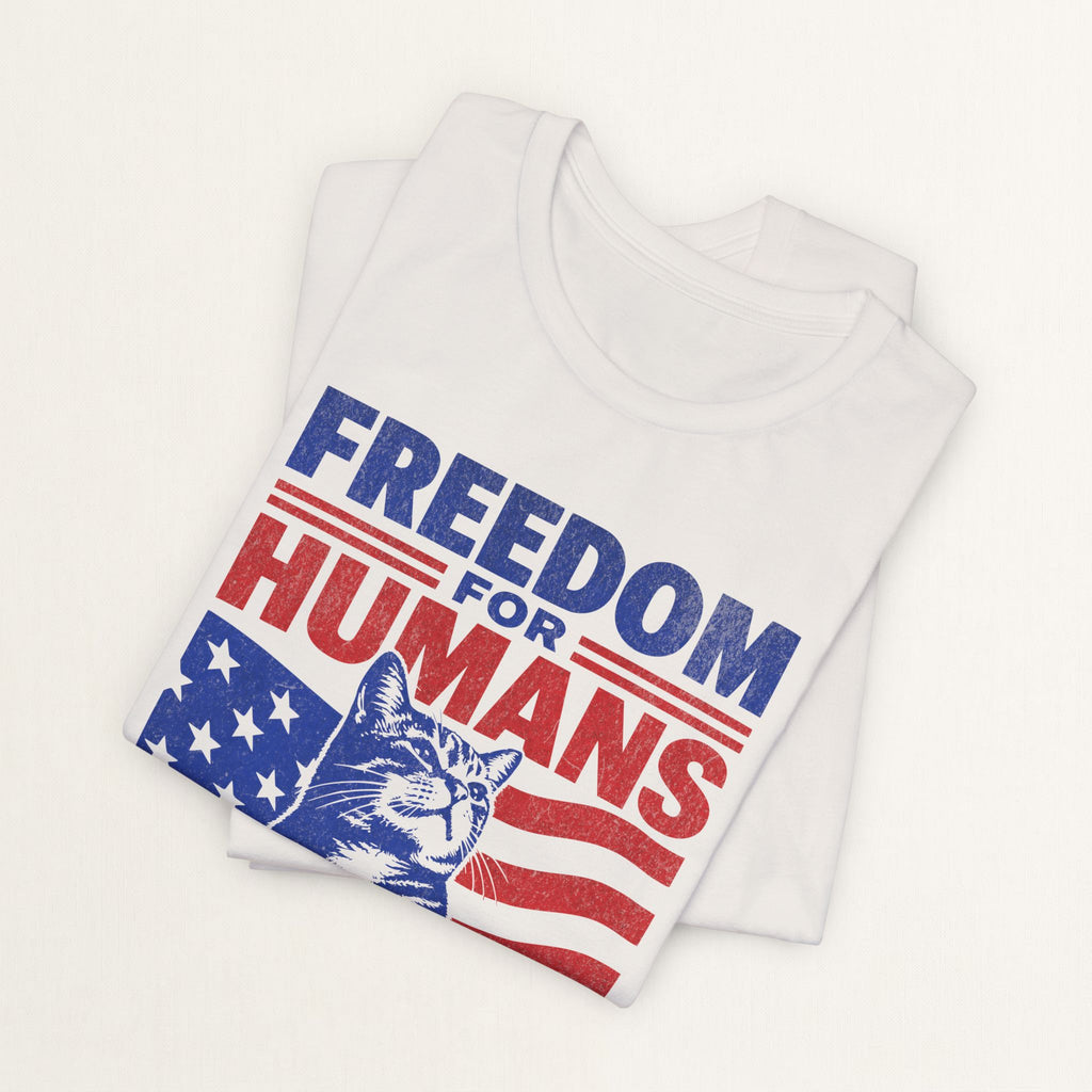 Back view of vintage white Power For Cats graphic cat t-shirt on model