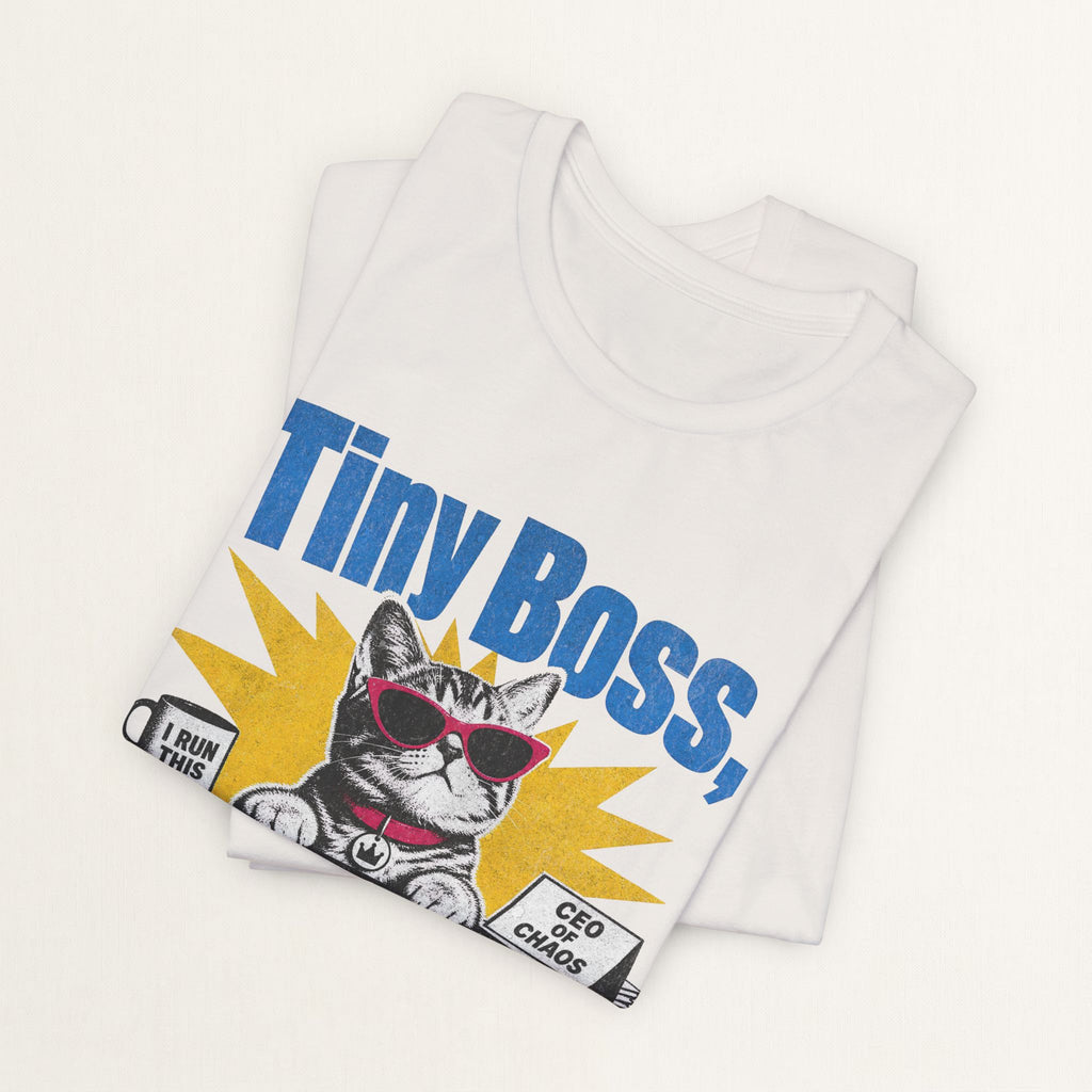 Back view of vintage white Tiny Boss Big Rules graphic cat t-shirt on model