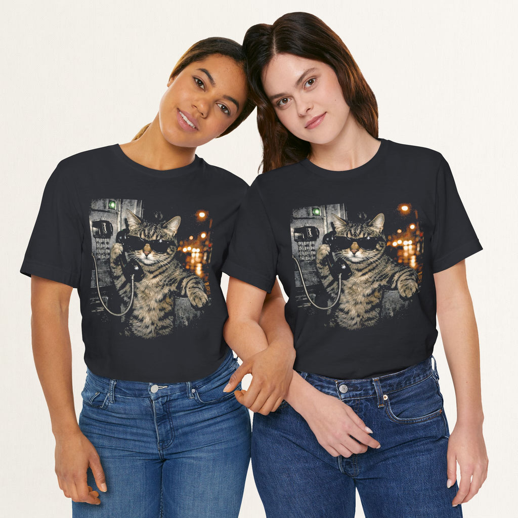 Flat lay of vintage black Midnight Call cat t-shirt, back view