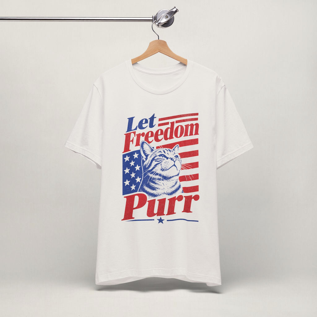 Close-up of Freedom Purr patriotic cat print on vintage white unisex t-shirt