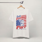Close-up of Freedom Purr patriotic cat print on vintage white unisex t-shirt