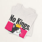 Back view of vintage white No Kings Only Cats cat t-shirt on model