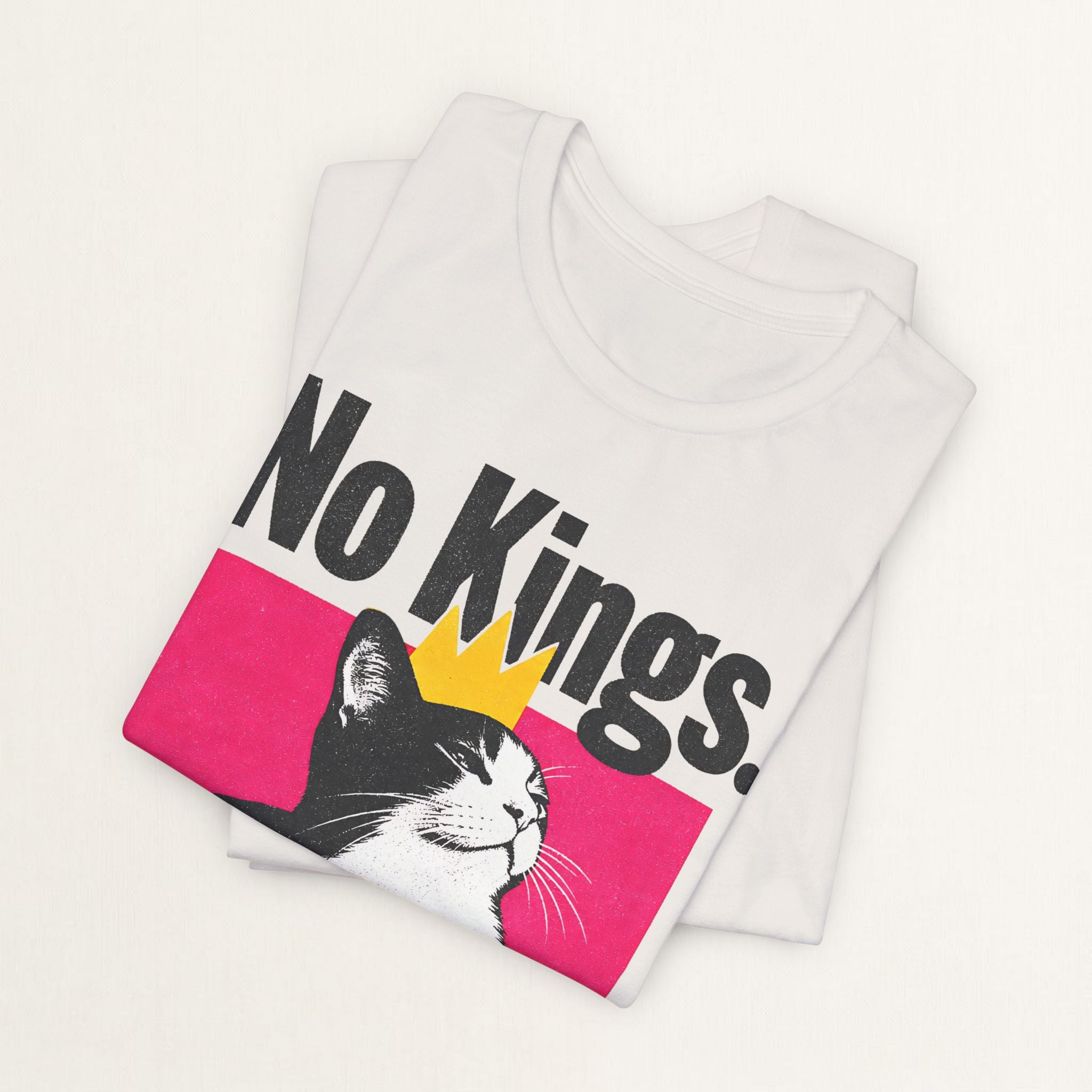 Back view of vintage white No Kings Only Cats cat t-shirt on model
