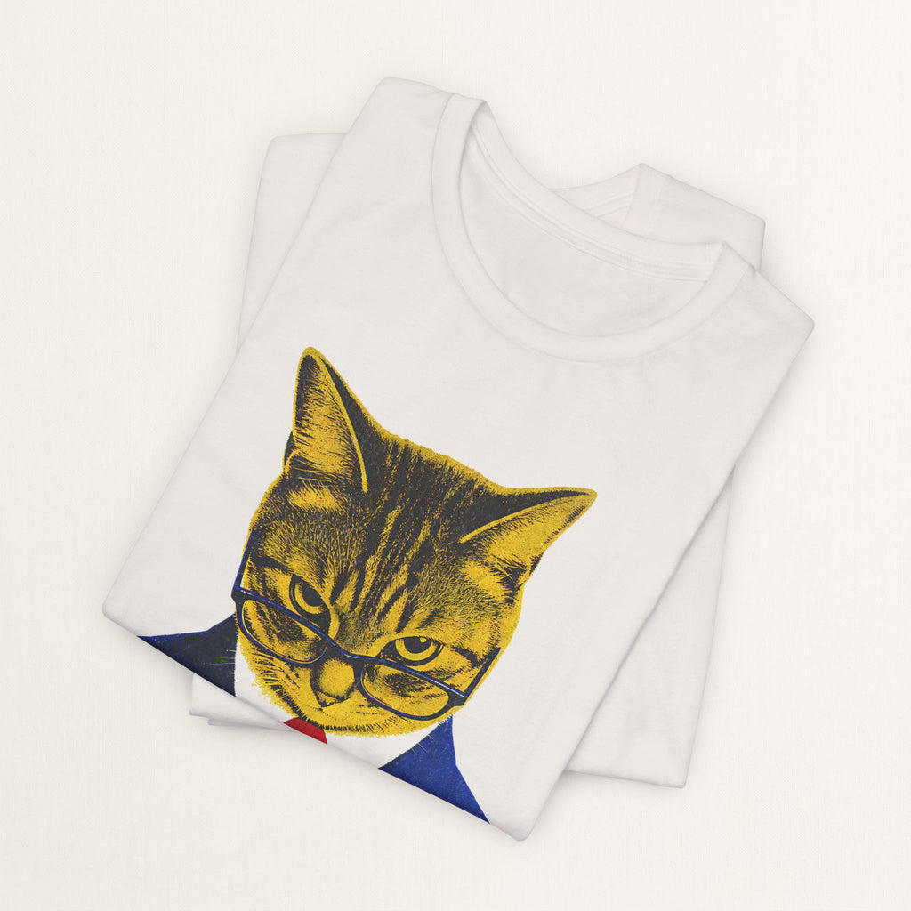 Woman wearing vintage white Working For My Cat graphic t-shirt, front view
