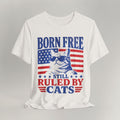 Flat lay of vintage white graphic cat t-shirt with Still Ruled By Cats print design