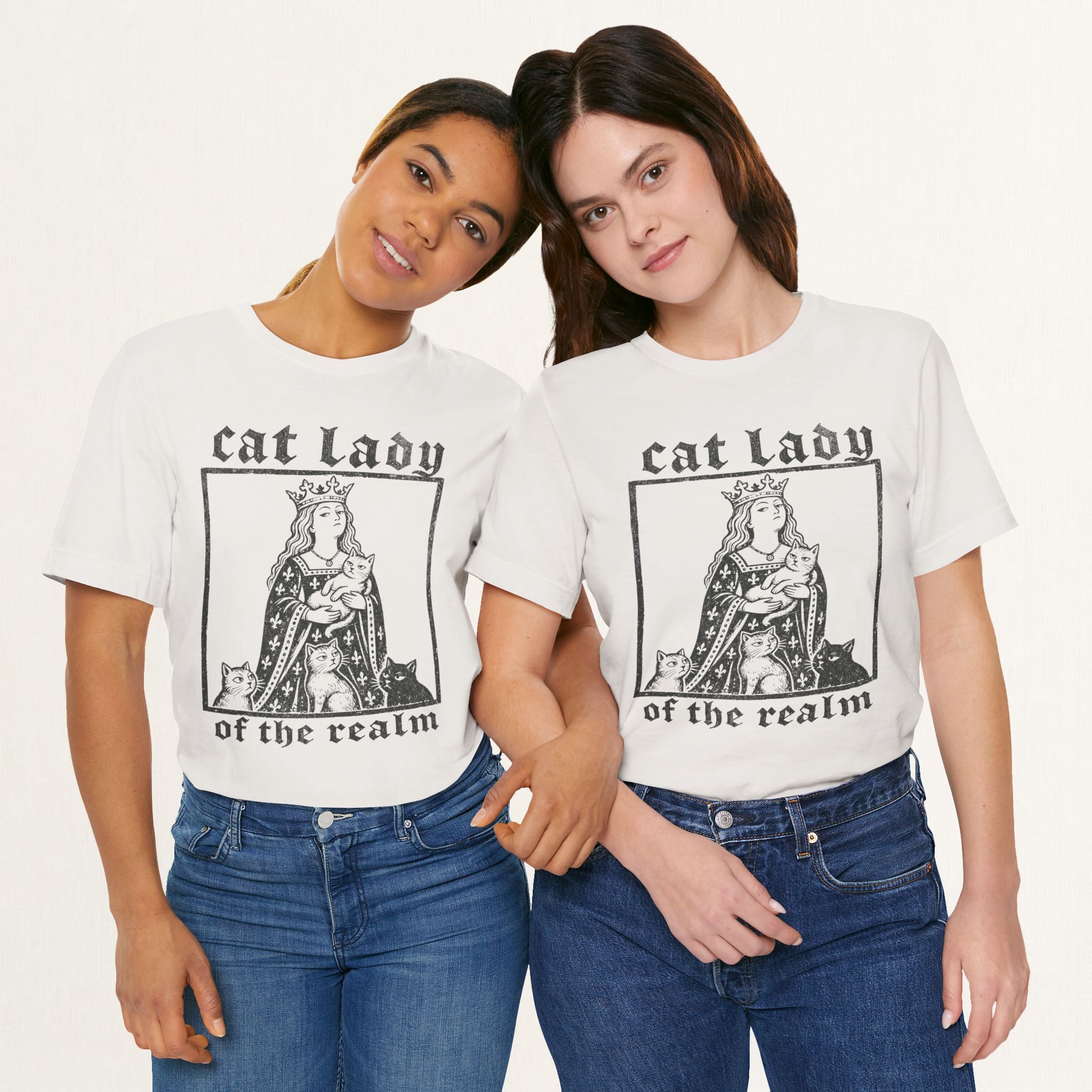 Couple wearing vintage white Cat Lady of the Realm cat t-shirts