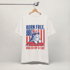 Close-up of Born Free Ruled By A Cat print on vintage white unisex t-shirt
