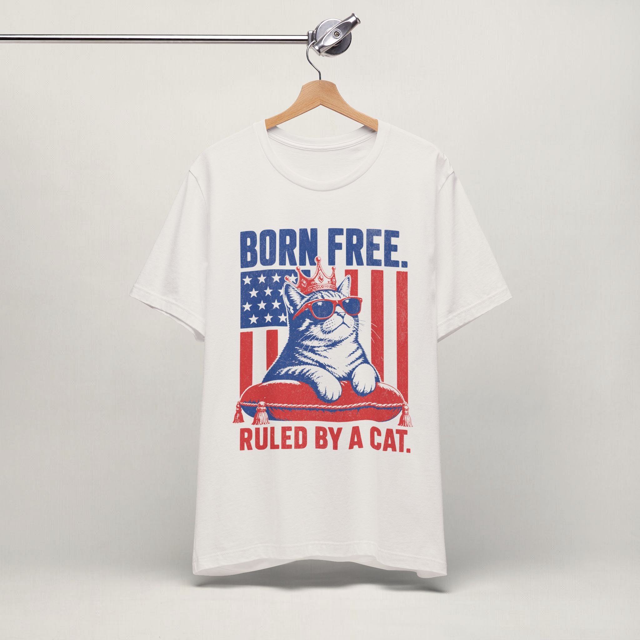 Close-up of Born Free Ruled By A Cat print on vintage white unisex t-shirt