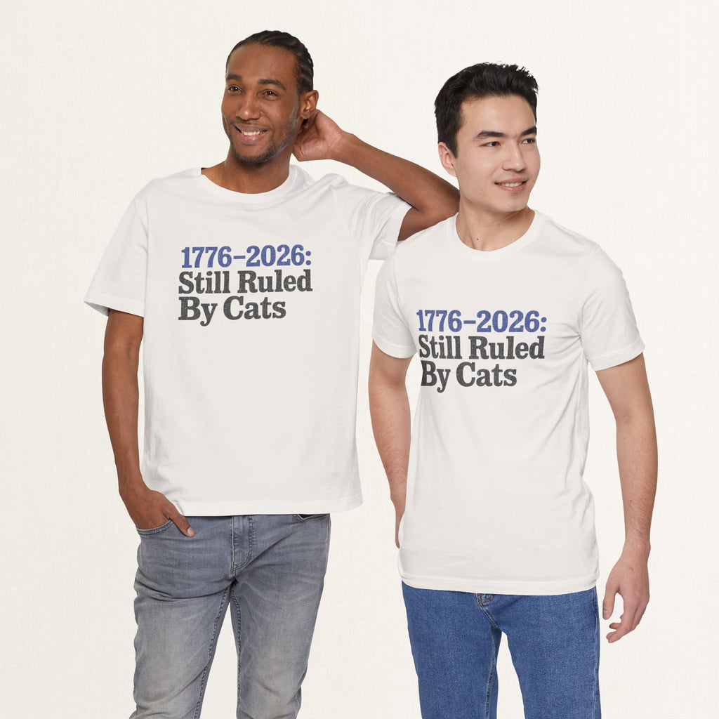 Model wearing vintage white Ruled By Cats cat t-shirt