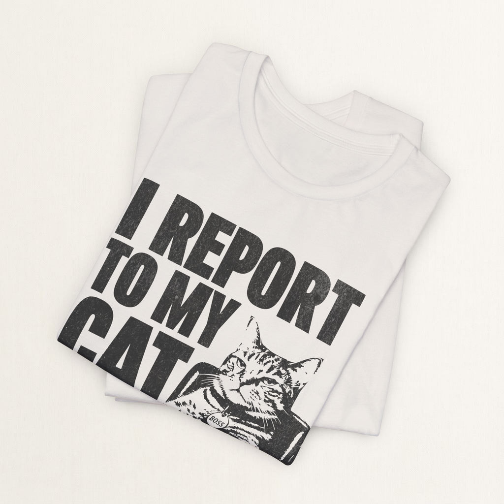 Woman wearing vintage white I Report To My Cat graphic t-shirt, front view