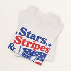 Back view of vintage white Stars Stripes and Cat Hair cat t-shirt on model