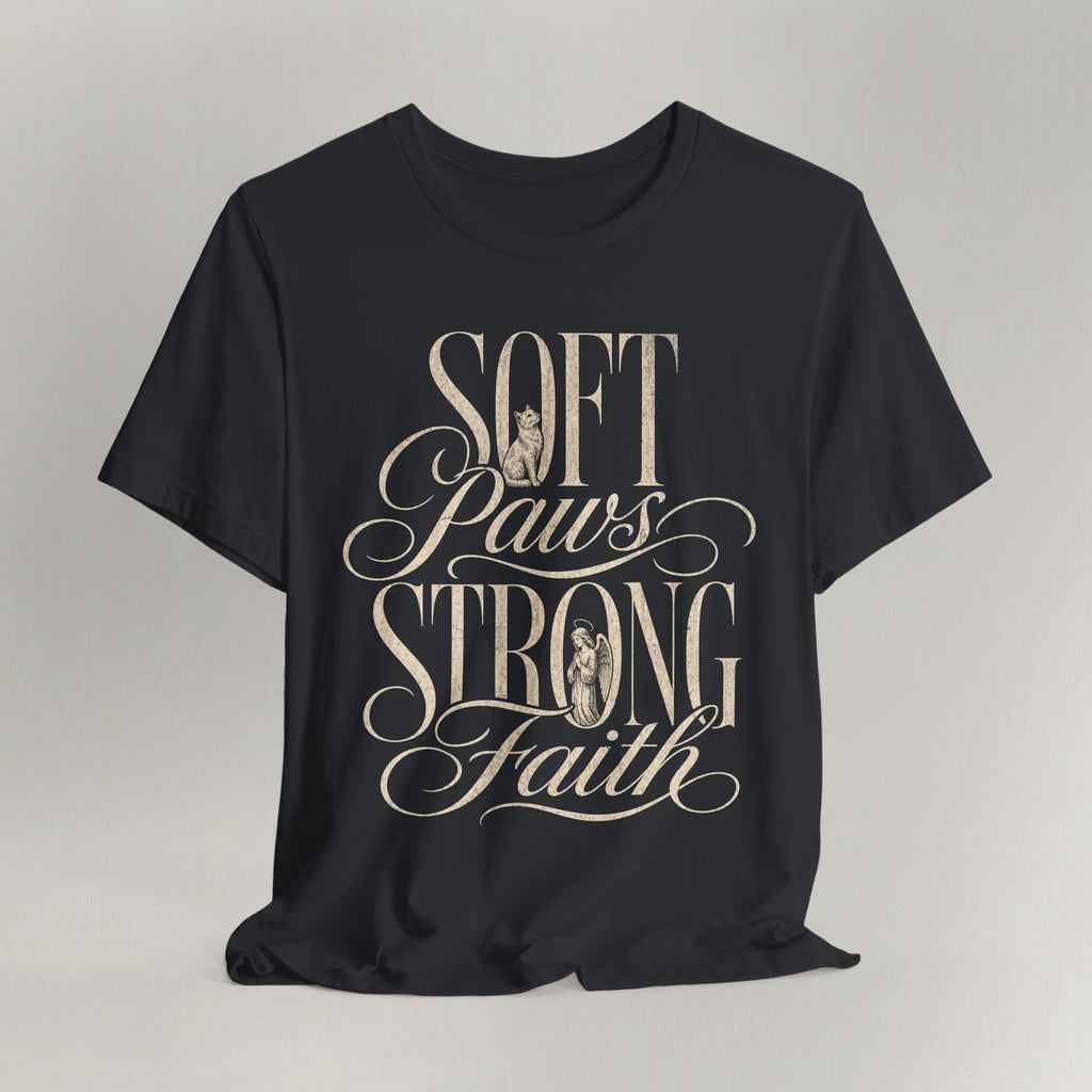 Vintage black cat t-shirt with a Soft Paws, Strong Faith script design, shown flat