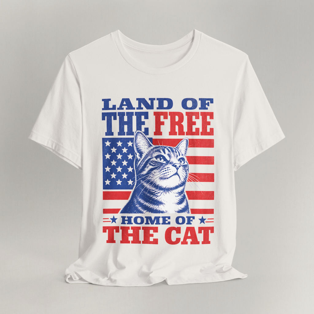 Flat lay of vintage white graphic cat t-shirt with Land of the Free patriotic cat design