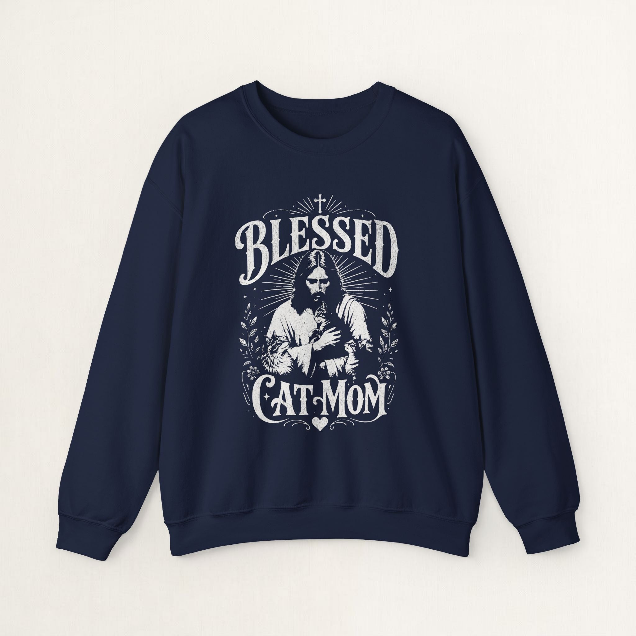 Navy cat sweatshirt with a printed Blessed Cat Mom design and cat and wildflowers, shown flat