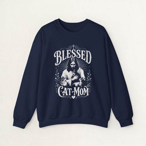 Navy cat sweatshirt with a printed Blessed Cat Mom design and cat and wildflowers, shown flat