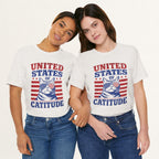 Styled flat lay of vintage white United States Of Catitude cat graphic tee