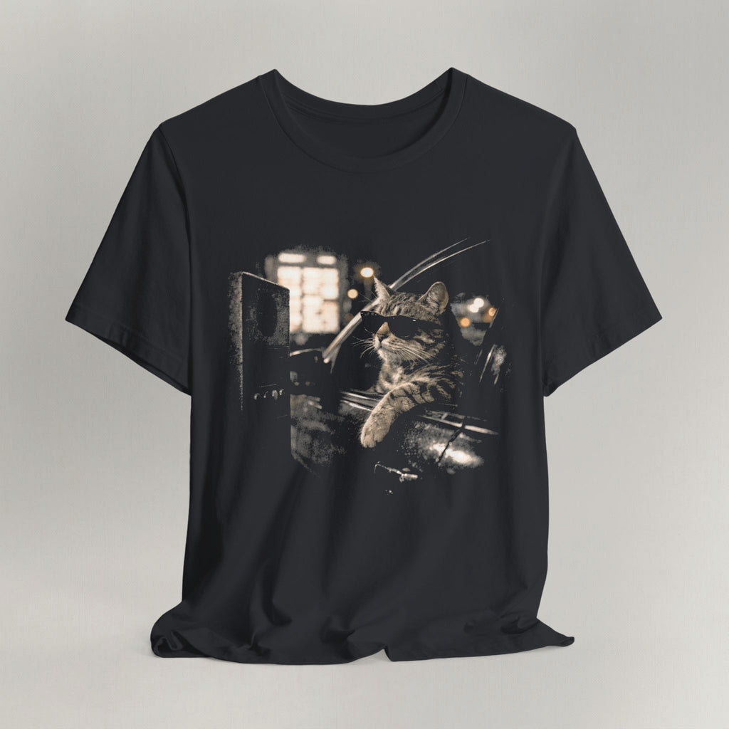 Vintage black graphic cat t-shirt with Late Drive Thru print, flat lay front view