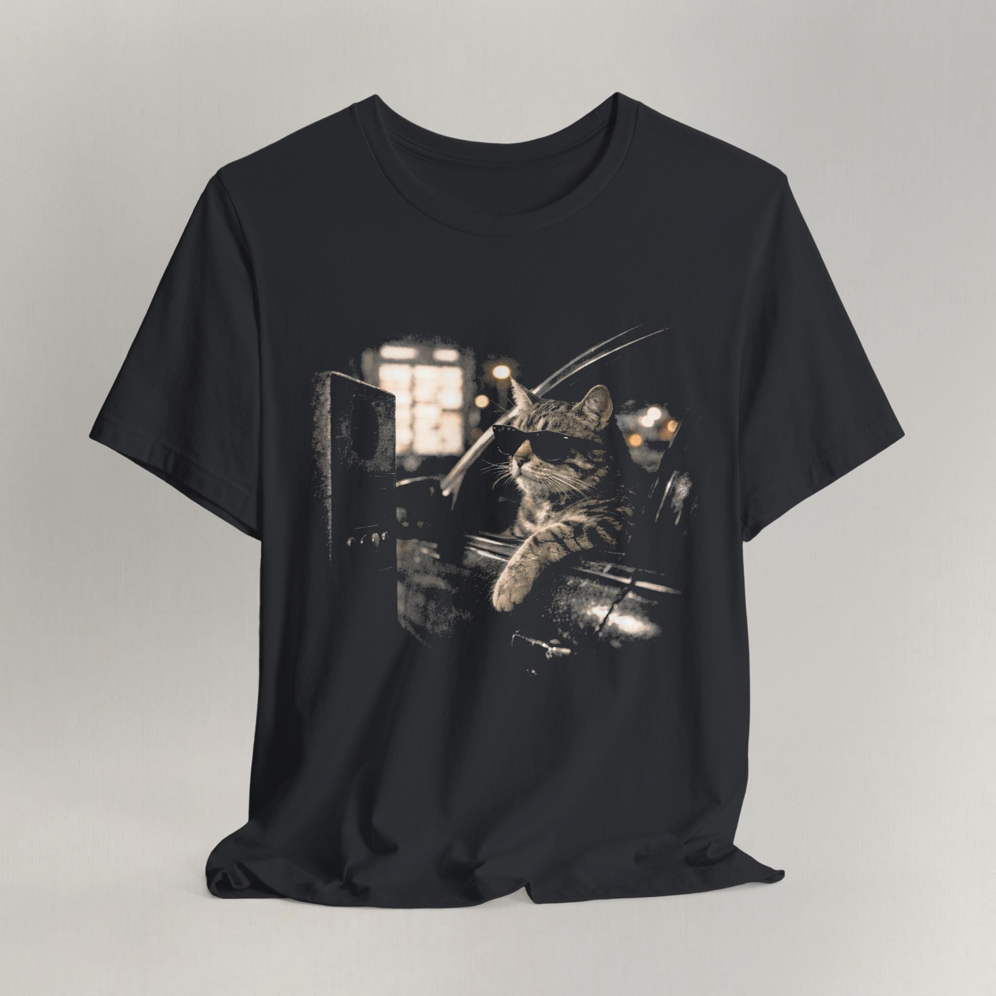 Vintage black graphic cat t-shirt with Late Drive Thru print, flat lay front view