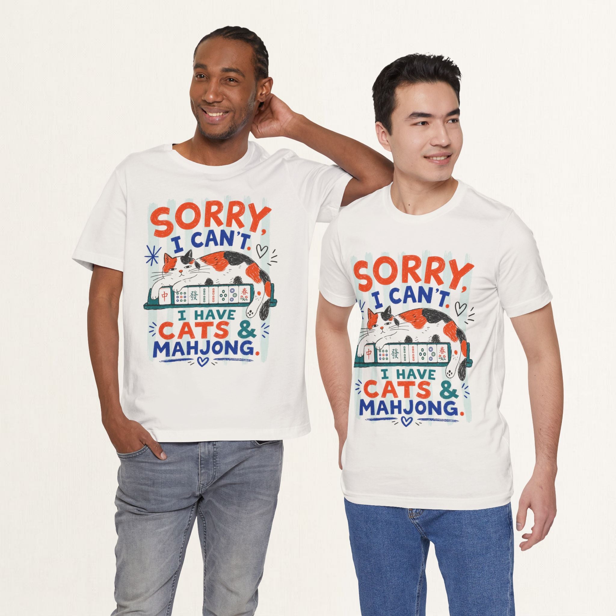 Two men wearing vintage white Sorry I Can't I Have Cats and Mahjong cat t-shirts