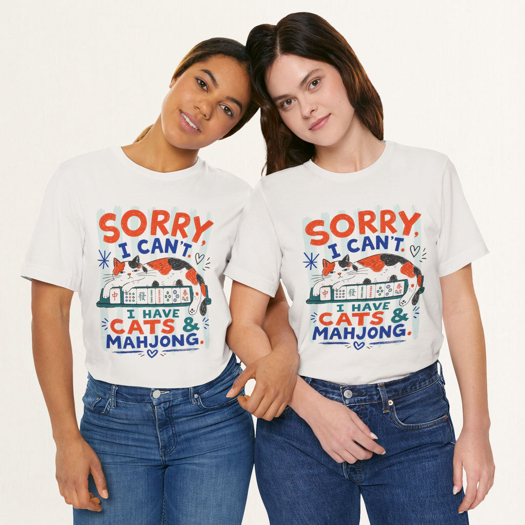 Couple wearing vintage white Sorry I Can't I Have Cats and Mahjong cat t-shirts